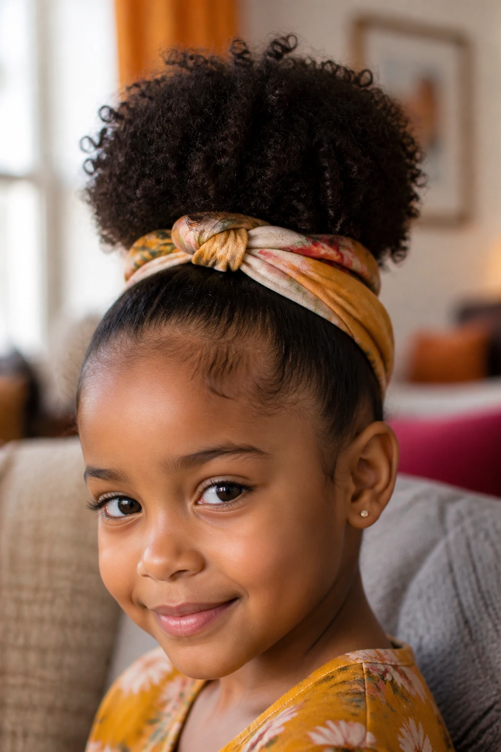 Close-up of a girl with scarf-wrapped puff hairstyle