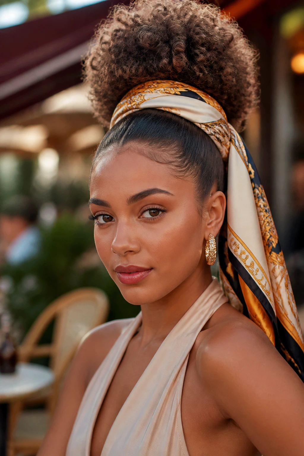 Close-up portrait of a real person with scarf-wrapped puff hairstyle outdoors.