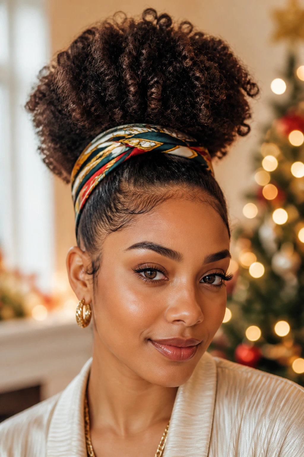 Close-up of real woman with scarf-wrapped puff hairstyle