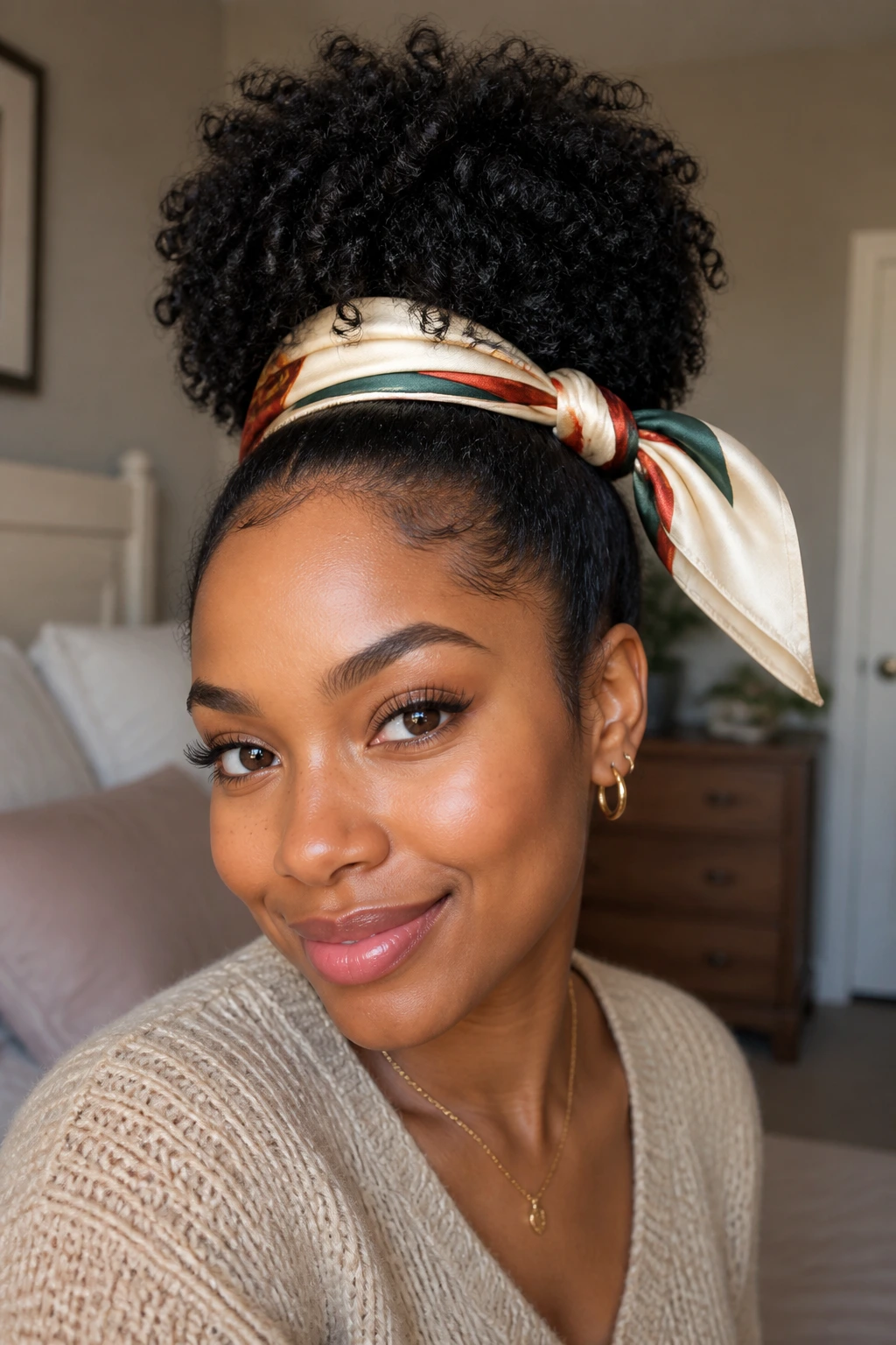 Close-up of a woman wearing a scarf-wrapped puff hairstyle