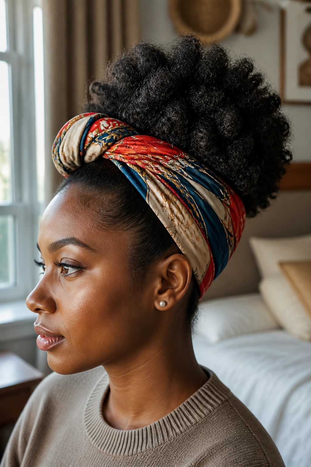 Close-up of a person with a scarf-wrapped puff hairstyle
