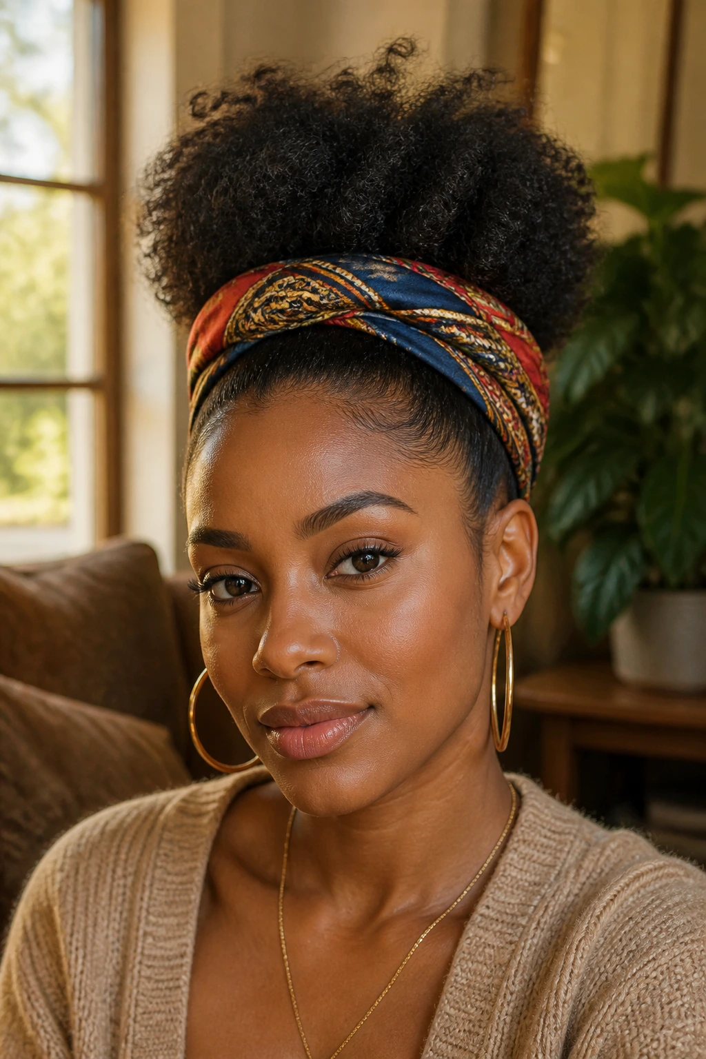 Portrait of a real woman with a thick curly puff secured by a silk scarf at the base.