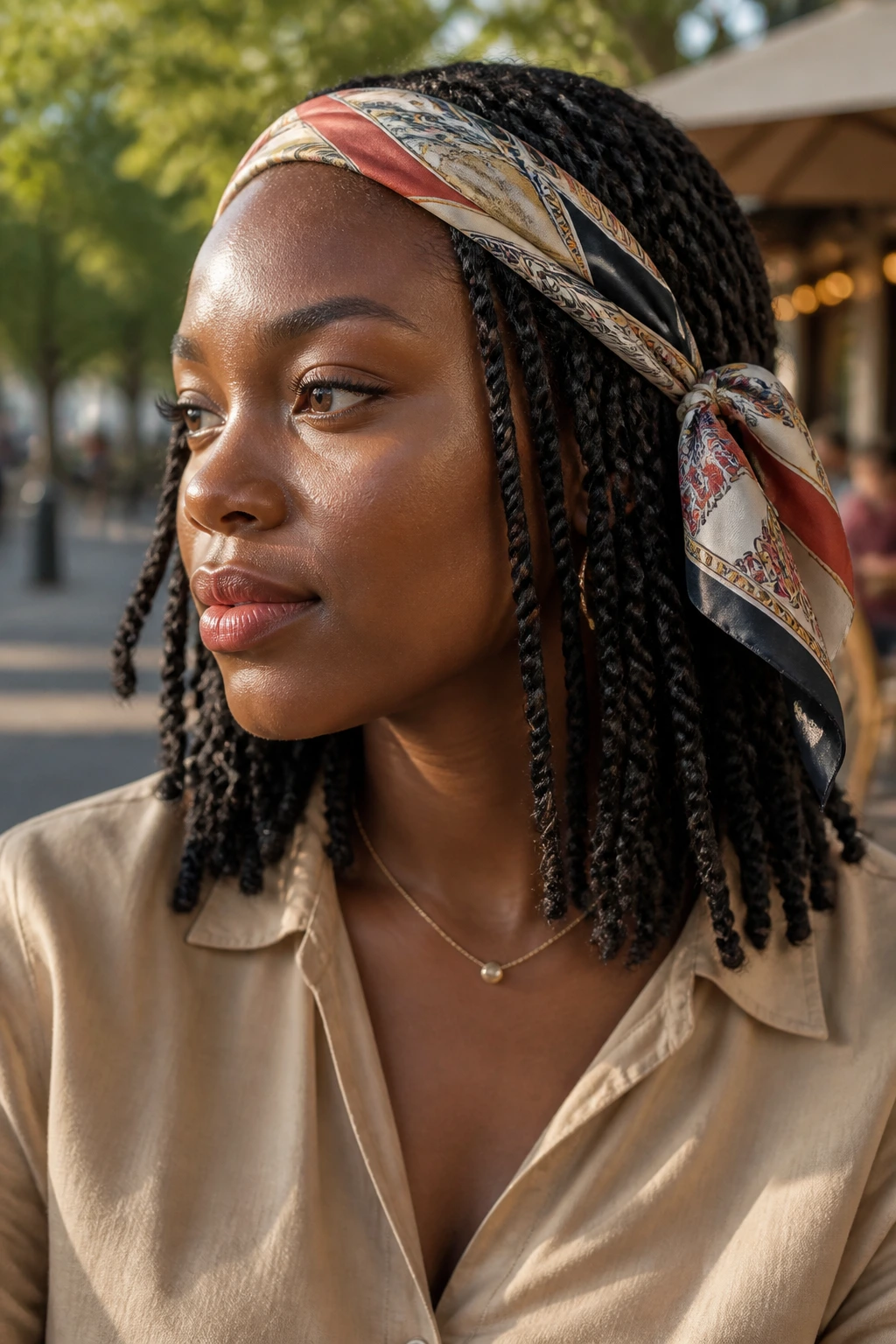 Close-up of a real person with scarf-wrapped Senegalese twists