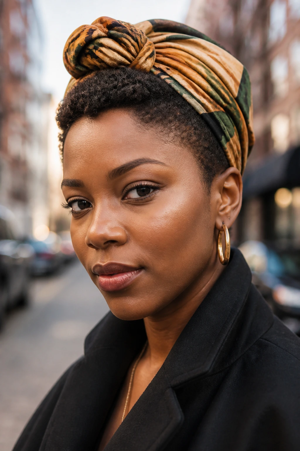 Close-up of a real woman with scarf-wrapped TWA hairstyle