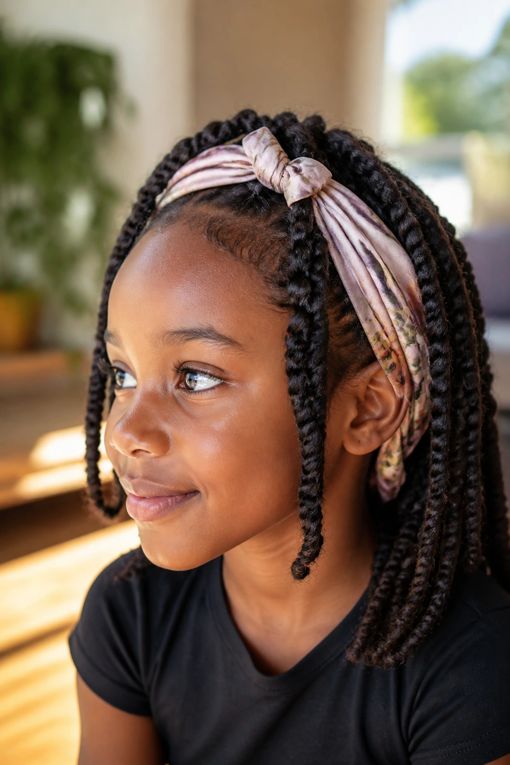 Child with scarf wrapped twists at the hairline