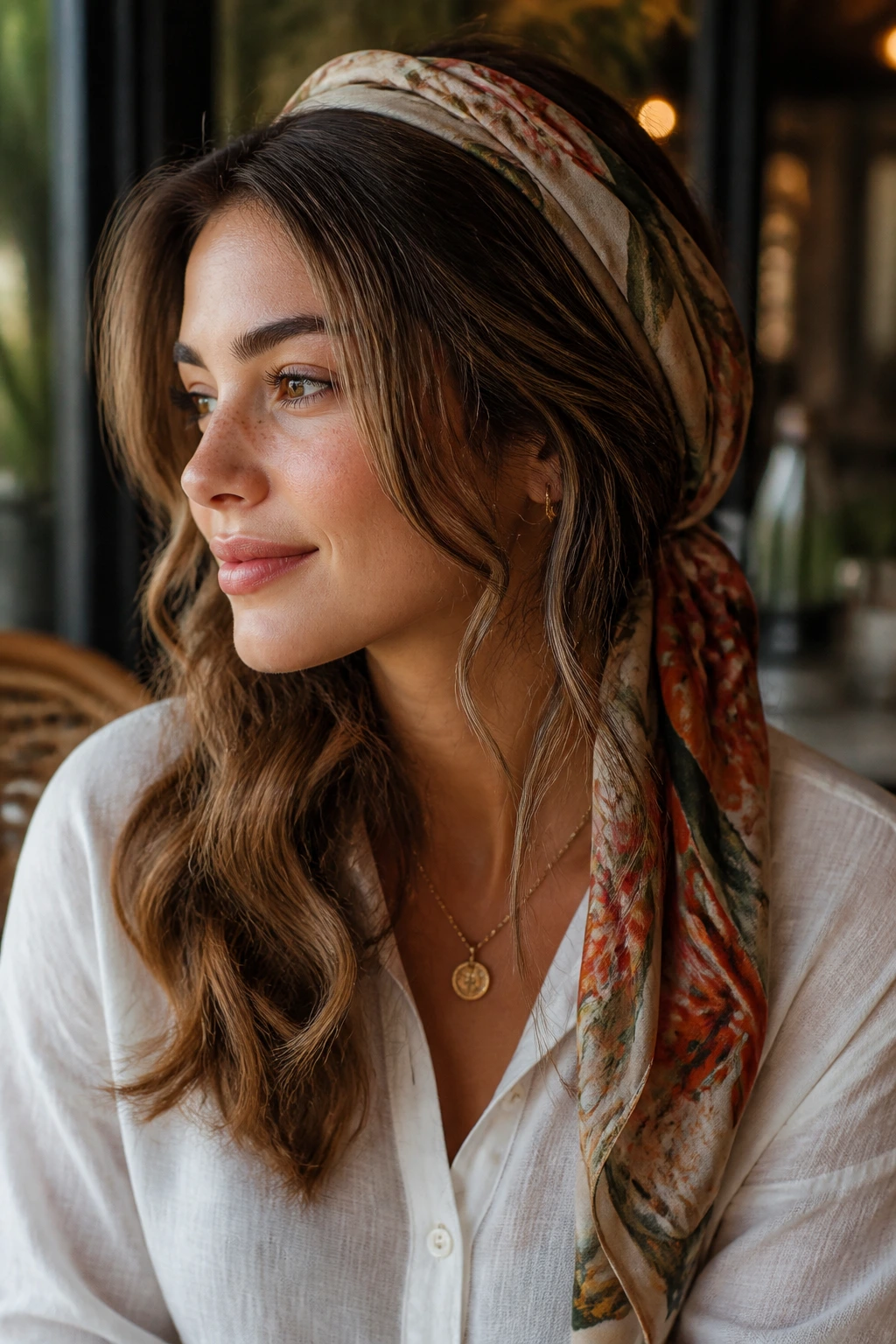 Close-up of a real woman with scarf-wrapped waves and scarf around hair under warm light