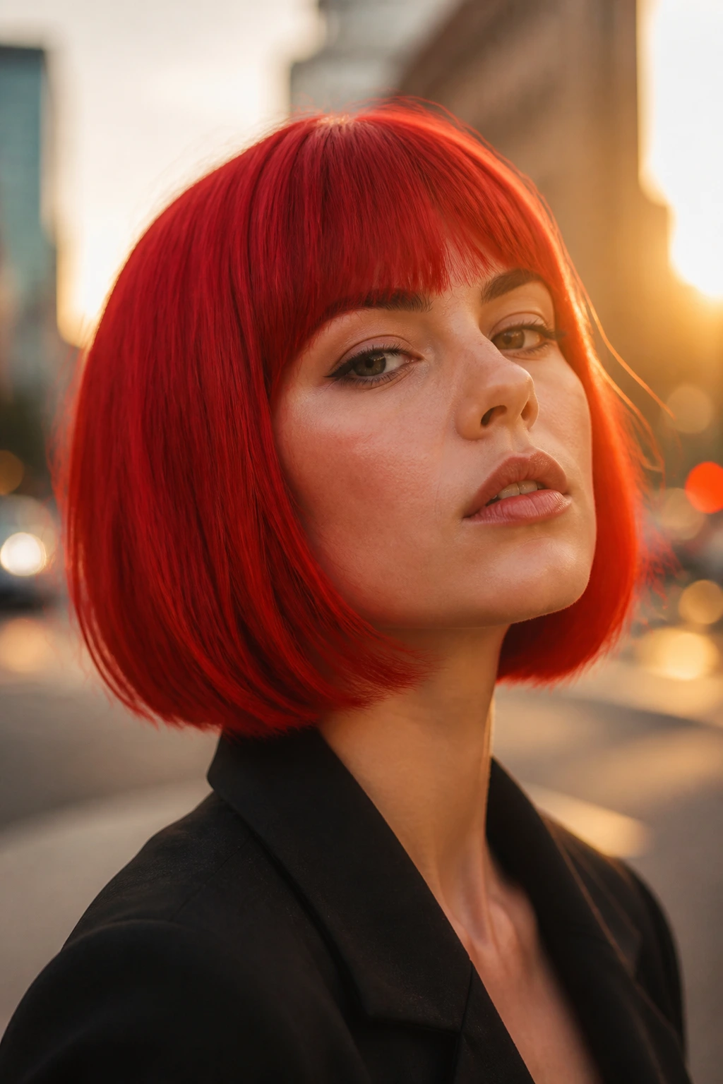 Real person with scarlet bob, bold red color, city background.