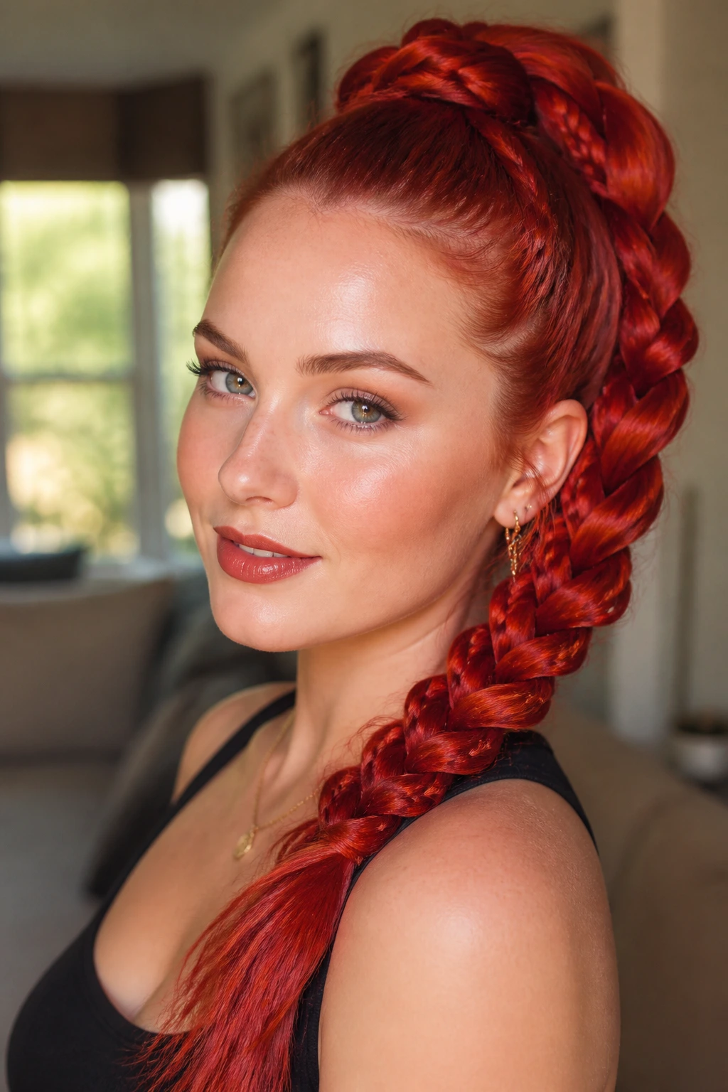 Close-up portrait of a real woman with scarlet braided ponytail in warm home lighting