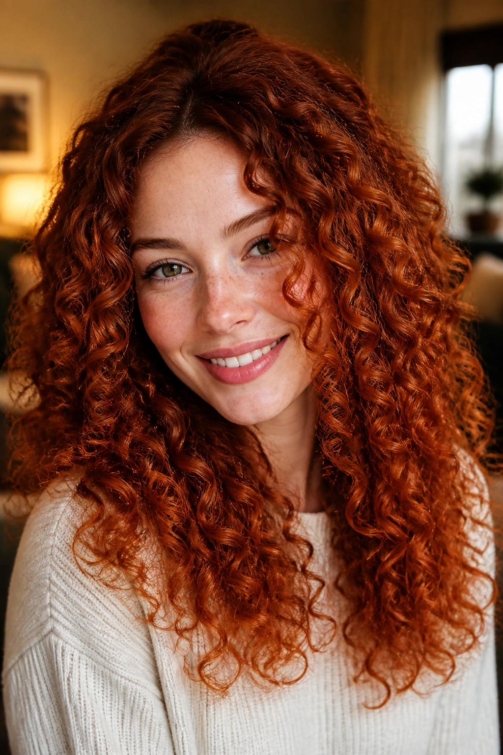 Close-up of a woman with scarlet cinnamon curled hair under warm indoor light