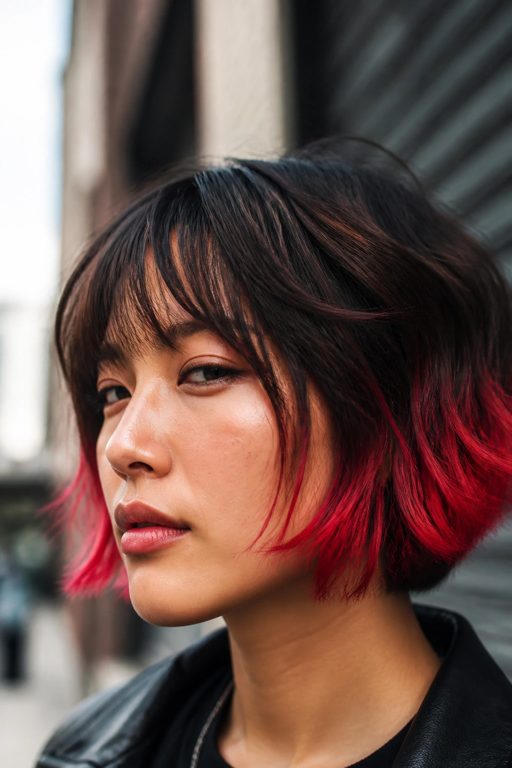 Real person with scarlet dip-dye ends on short hair