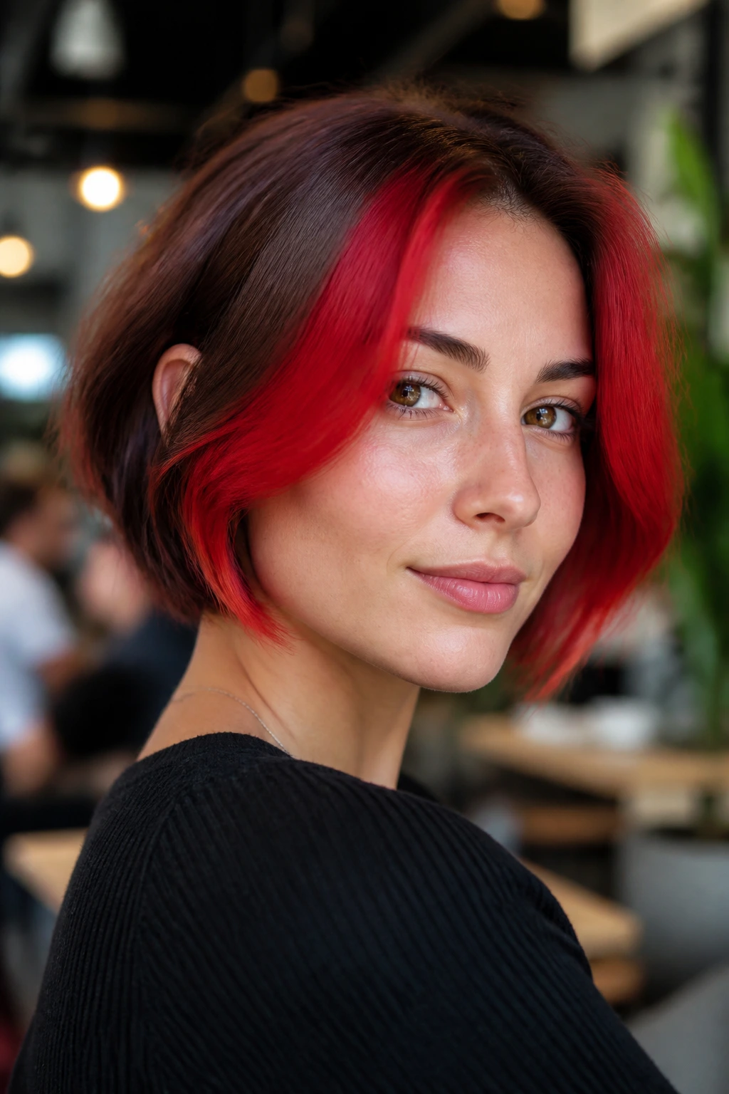 Real woman with face-framing scarlet color on a bob in a cafe