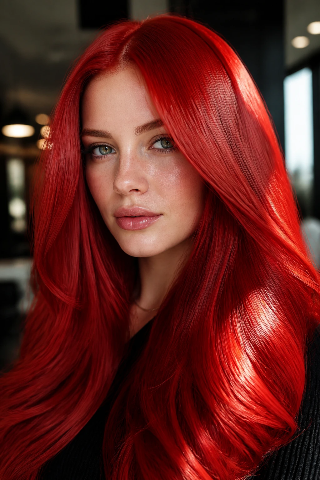 Close-up of a real person with scarlet hair and high-gloss shine