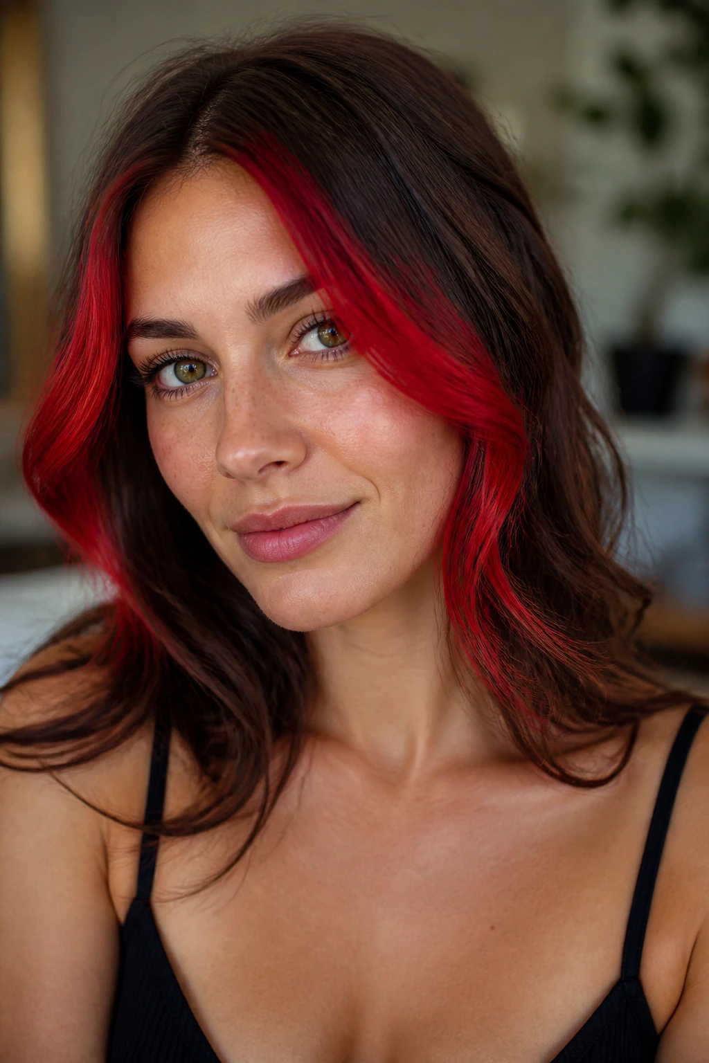 Close-up of a real woman with scarlet face-framing strands at temples.