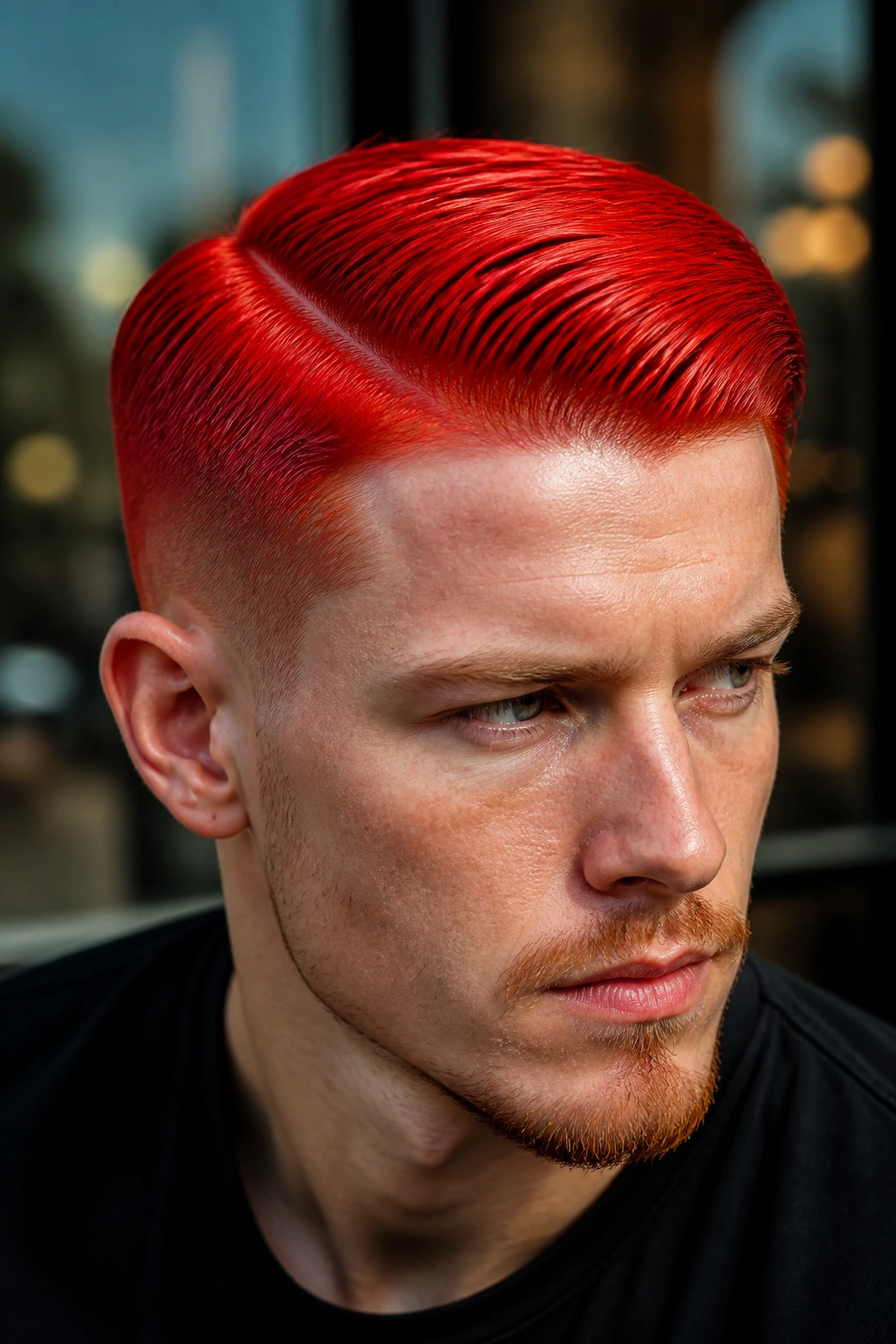 Close-up of man with scarlet slick side hairstyle and defined side part