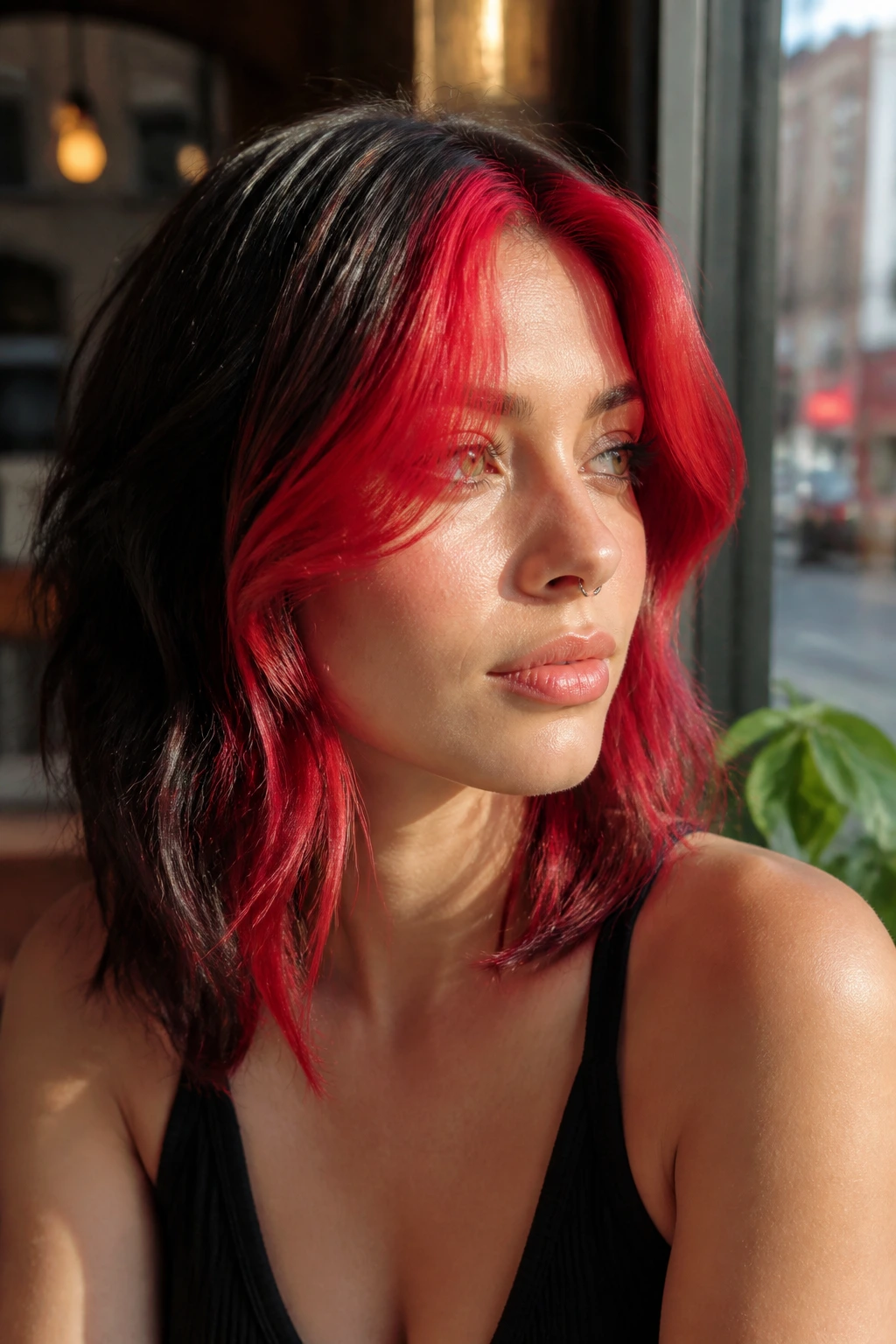 Portrait of a woman with scarlet face-framing pieces around the face