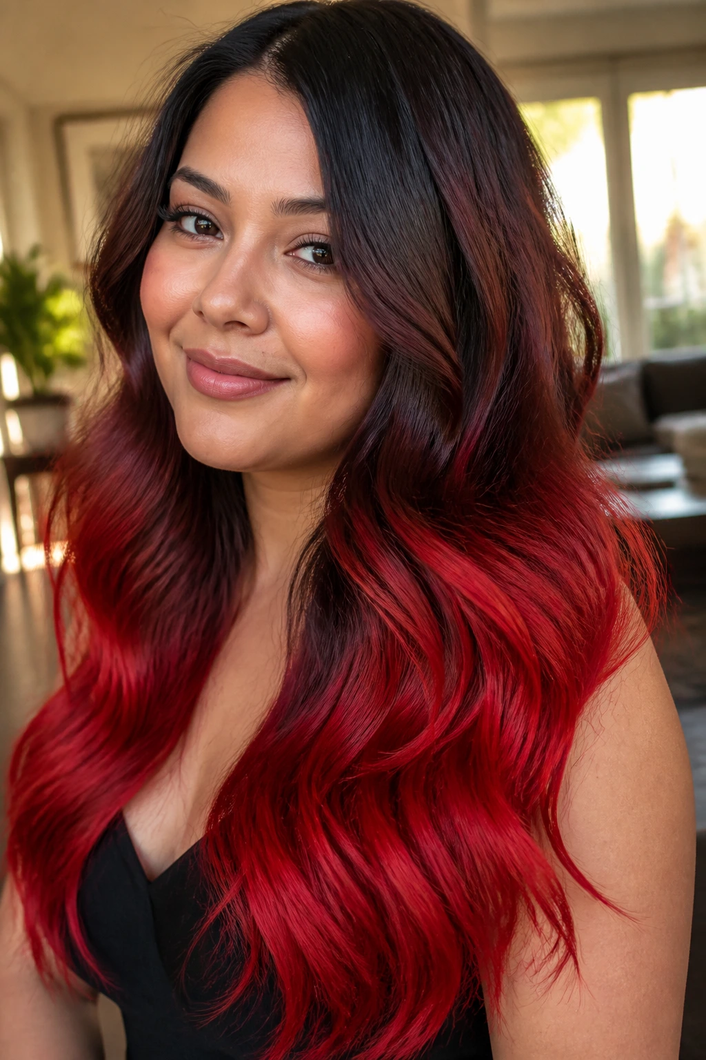 Close-up of a real woman's long wavy hair with dark roots and scarlet ombre ends under soft window light