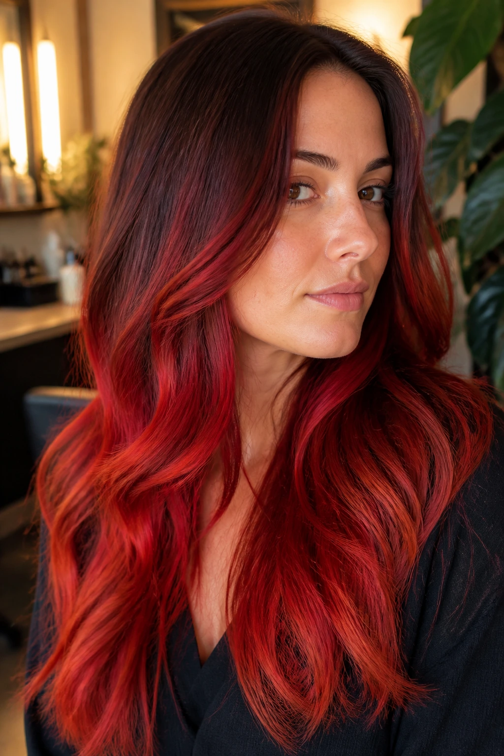 Close-up of layered long hair with scarlet ombre gradient.