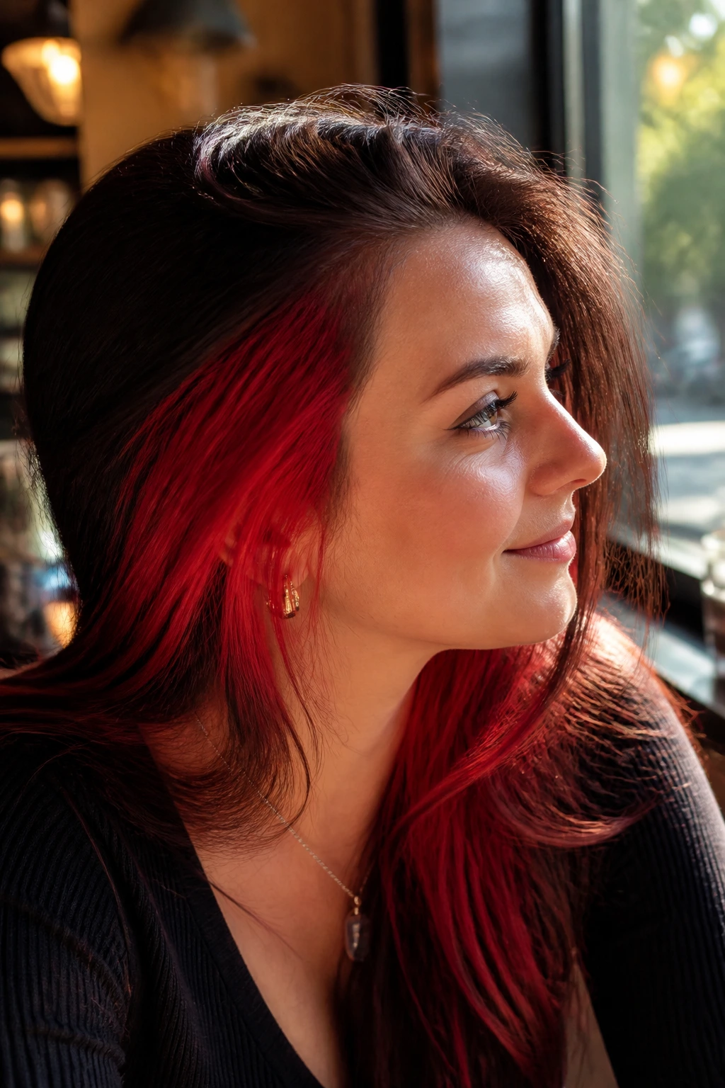 Close-up portrait showing scarlet peekaboo panels under hair around the crown