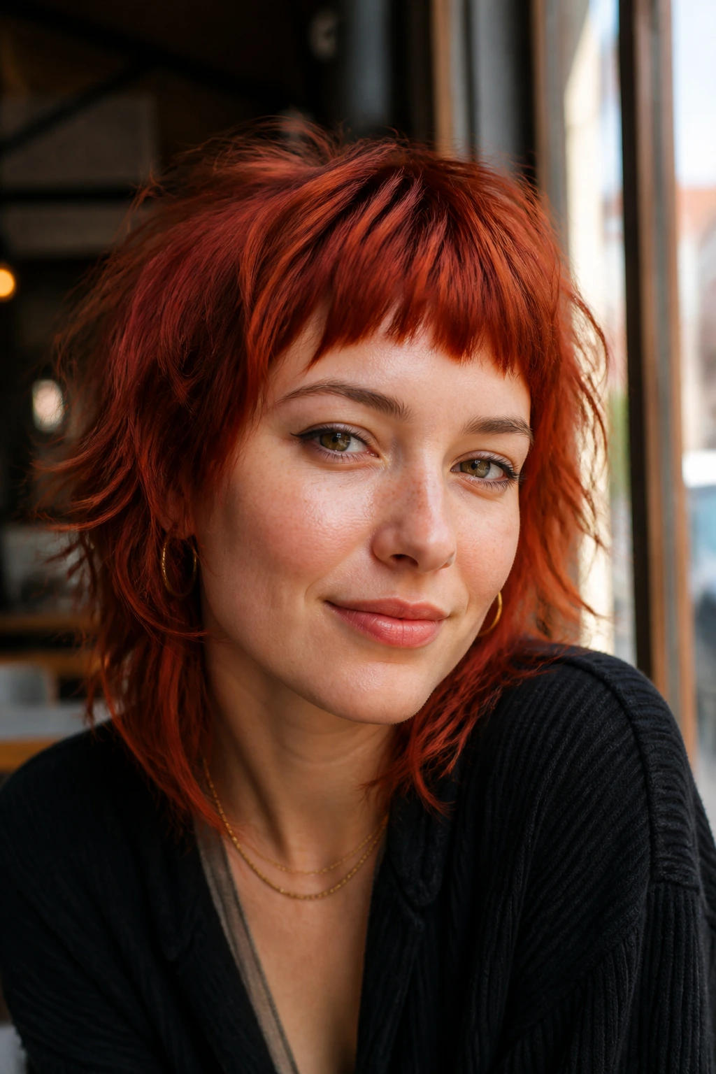 Portrait of a real woman with scarlet red shag and mini bangs