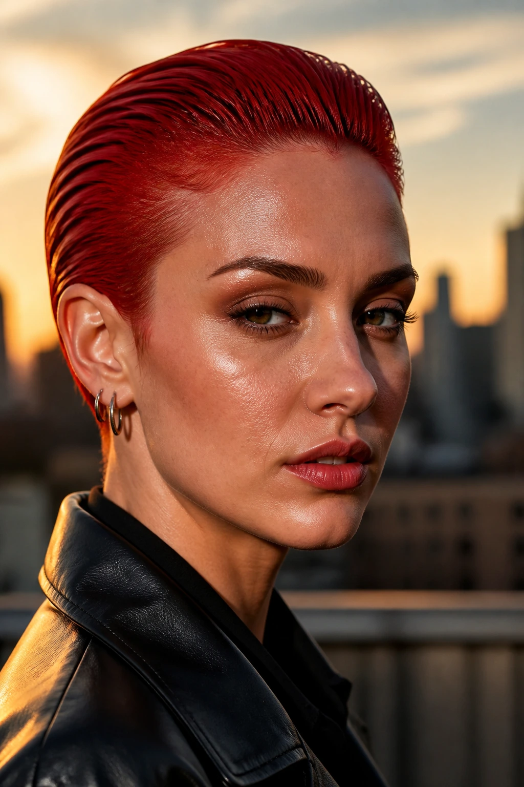 Close-up of real person with scarlet slicked-back crop and glossy finish.