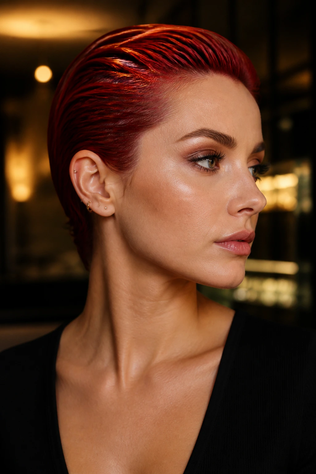 Close-up portrait of a real woman with scarlet slicked-back hair in chic interior lighting