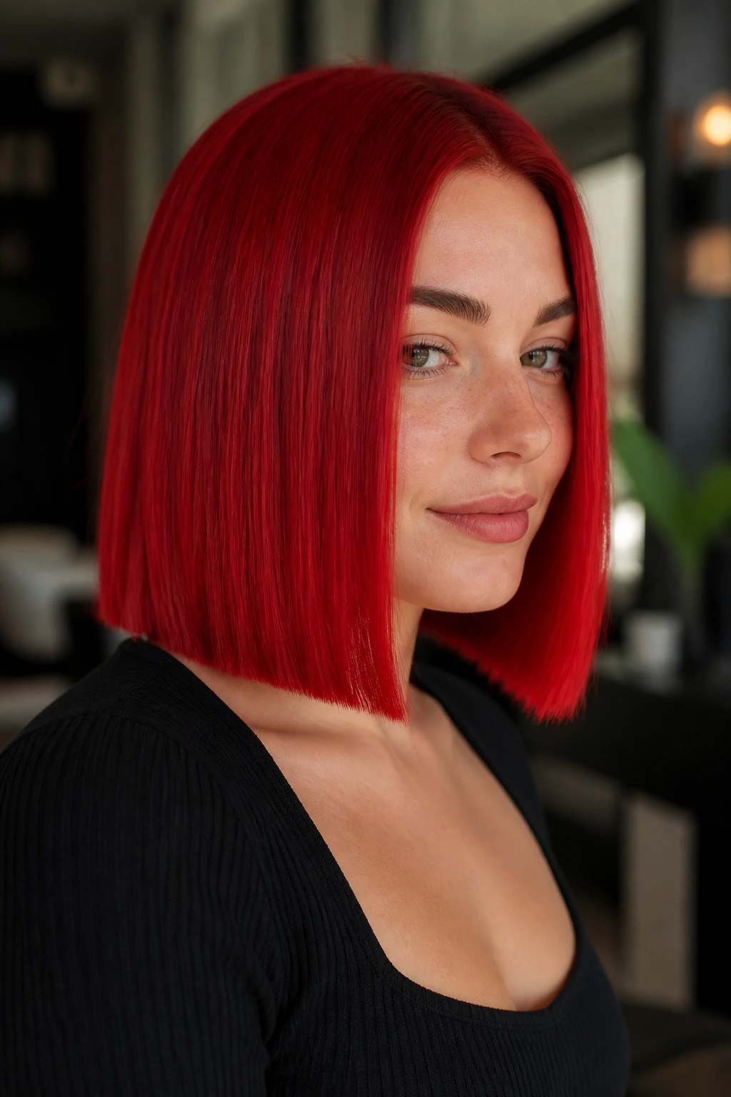 Close-up of a real woman with Scarlet Straight Lob showcasing vivid red color