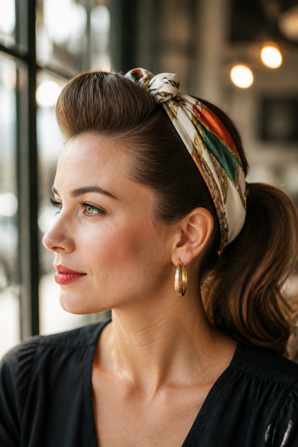 Portrait of a real woman with scarved pompadour ponytail and scarf at crown