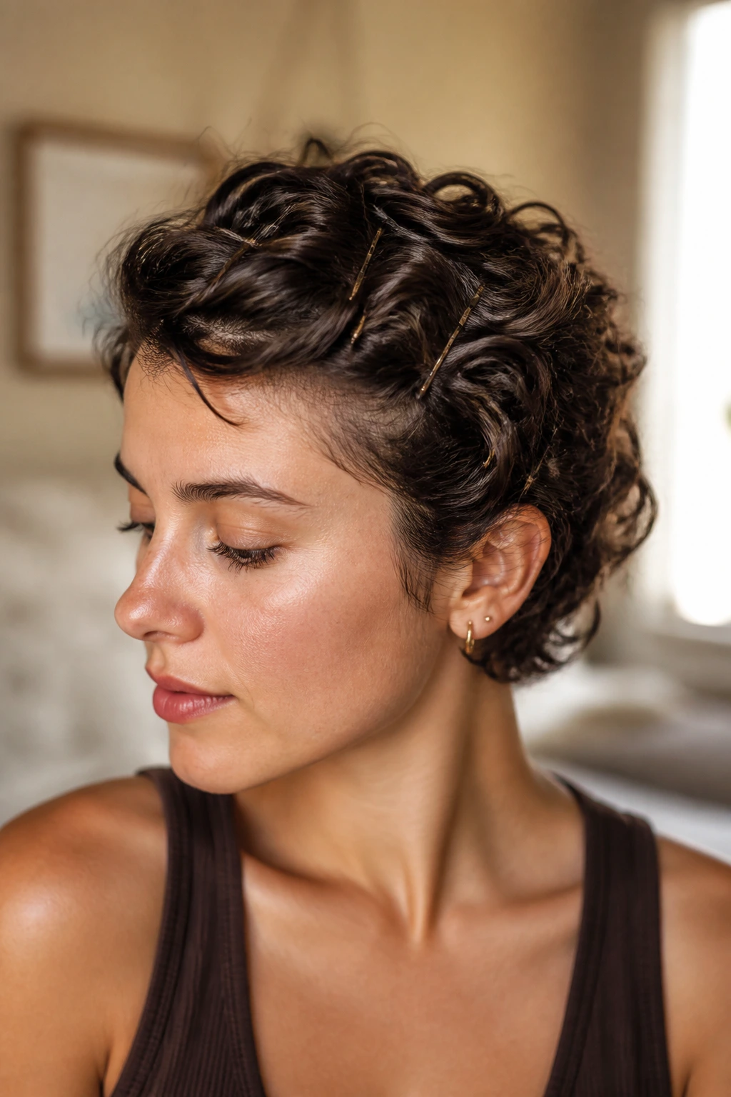 Close-up of a real person with a scattered bobby-pin sweep through short curls