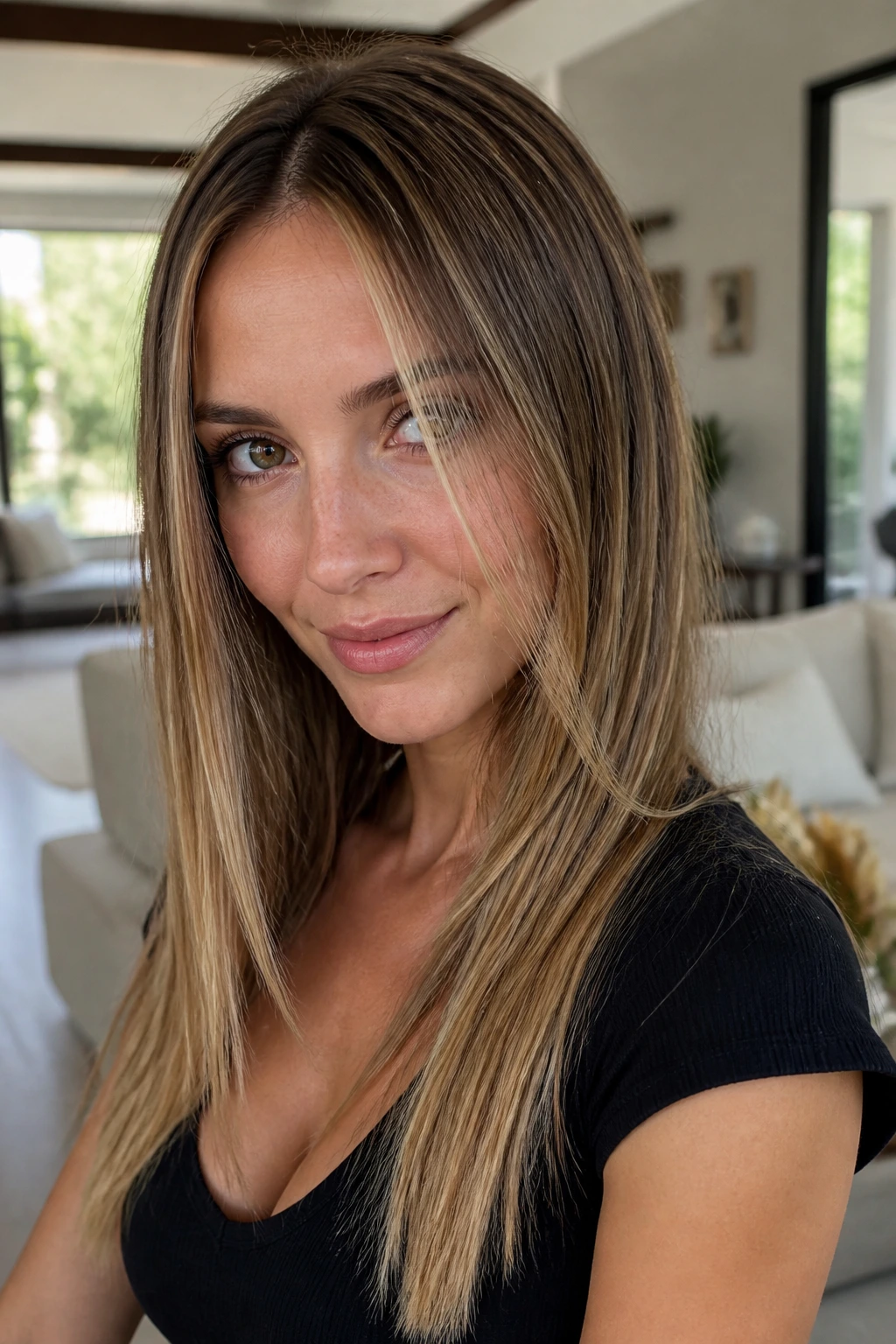 Close-up of a real woman with scattered micro-slices in fine straight hair catching light