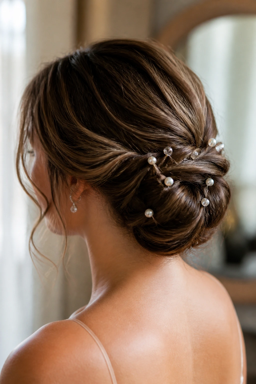 Close-up of a real woman with a low bun adorned with scattered pins