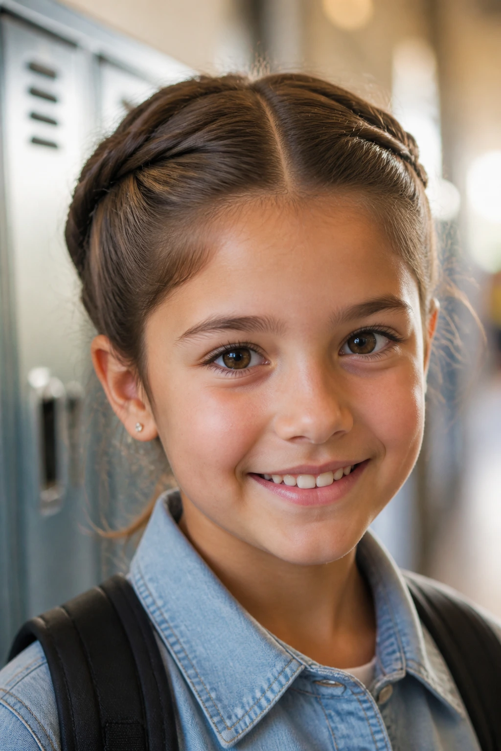 Close-up portrait of a child with a tidy school-friendly hairstyle in a hallway.