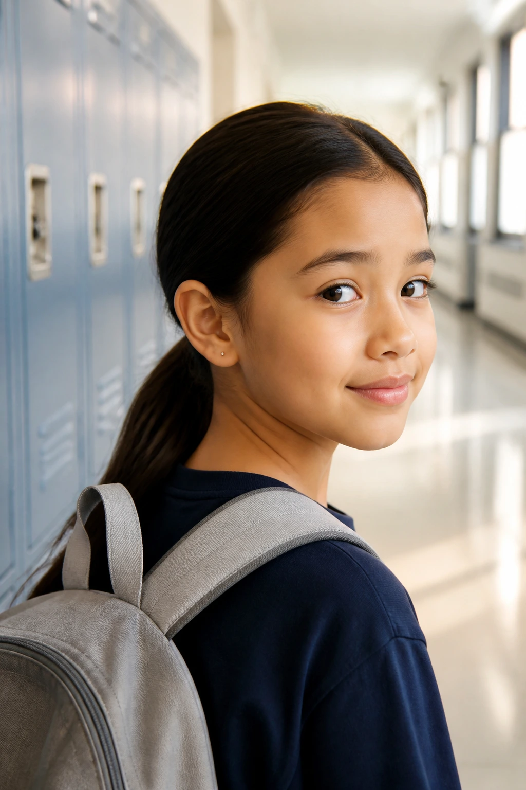Portrait of a child with a simple school-friendly hairstyle in a hallway.