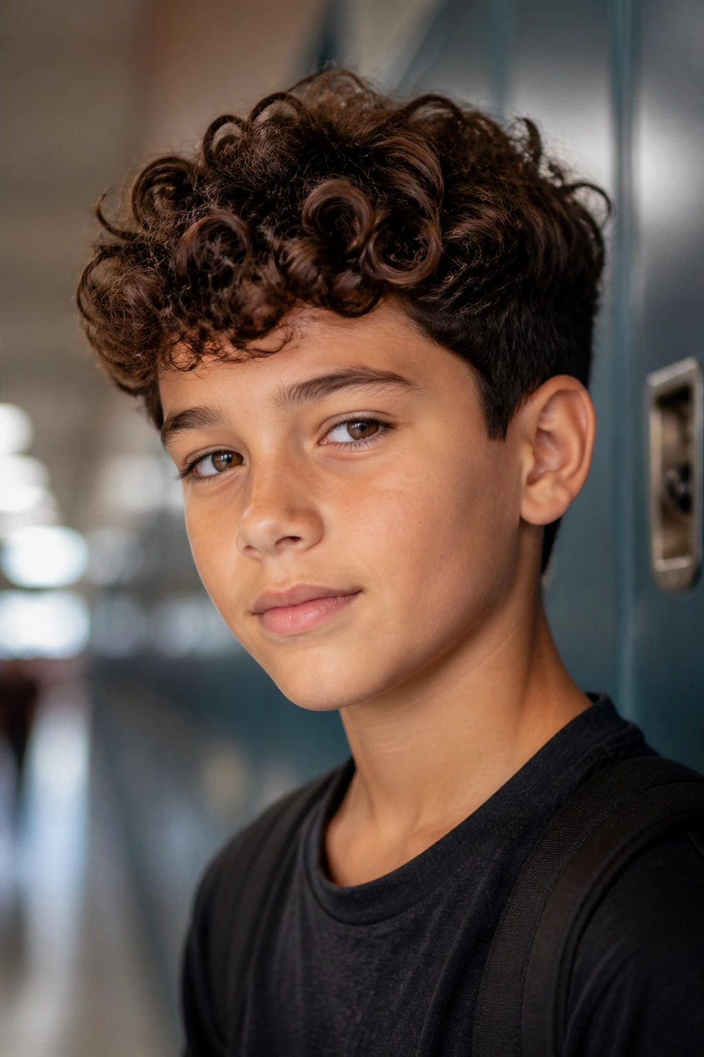 Boy with neat curly hairstyle in school hallway