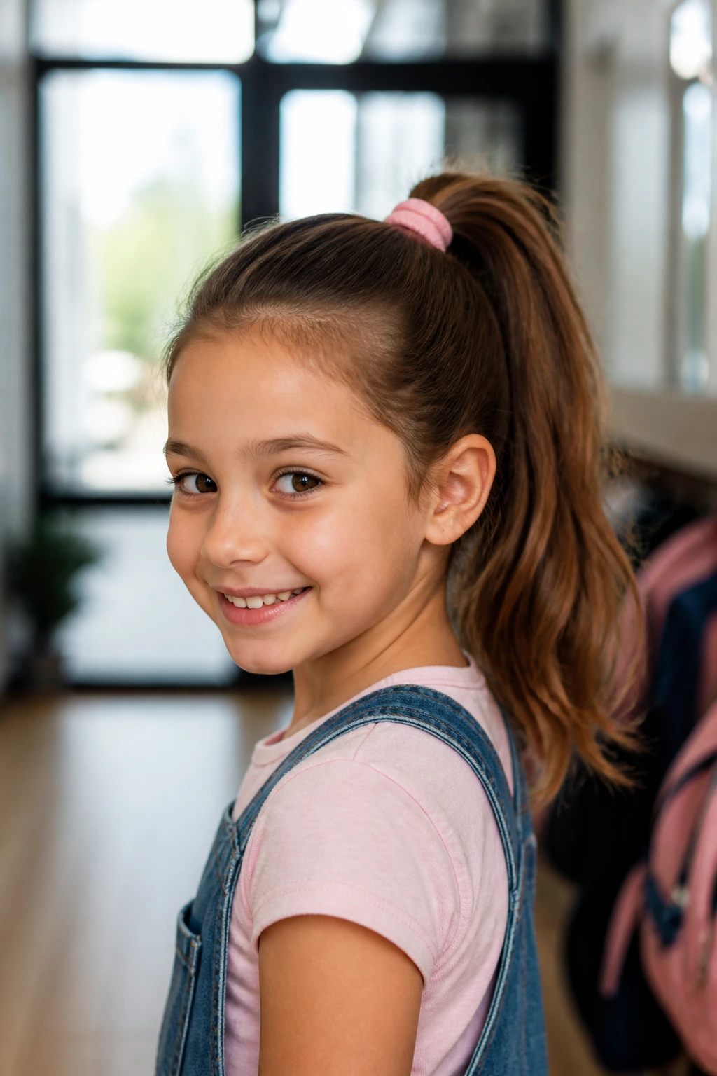 Girl with versatile ponytail in a bright hallway ready for school and play