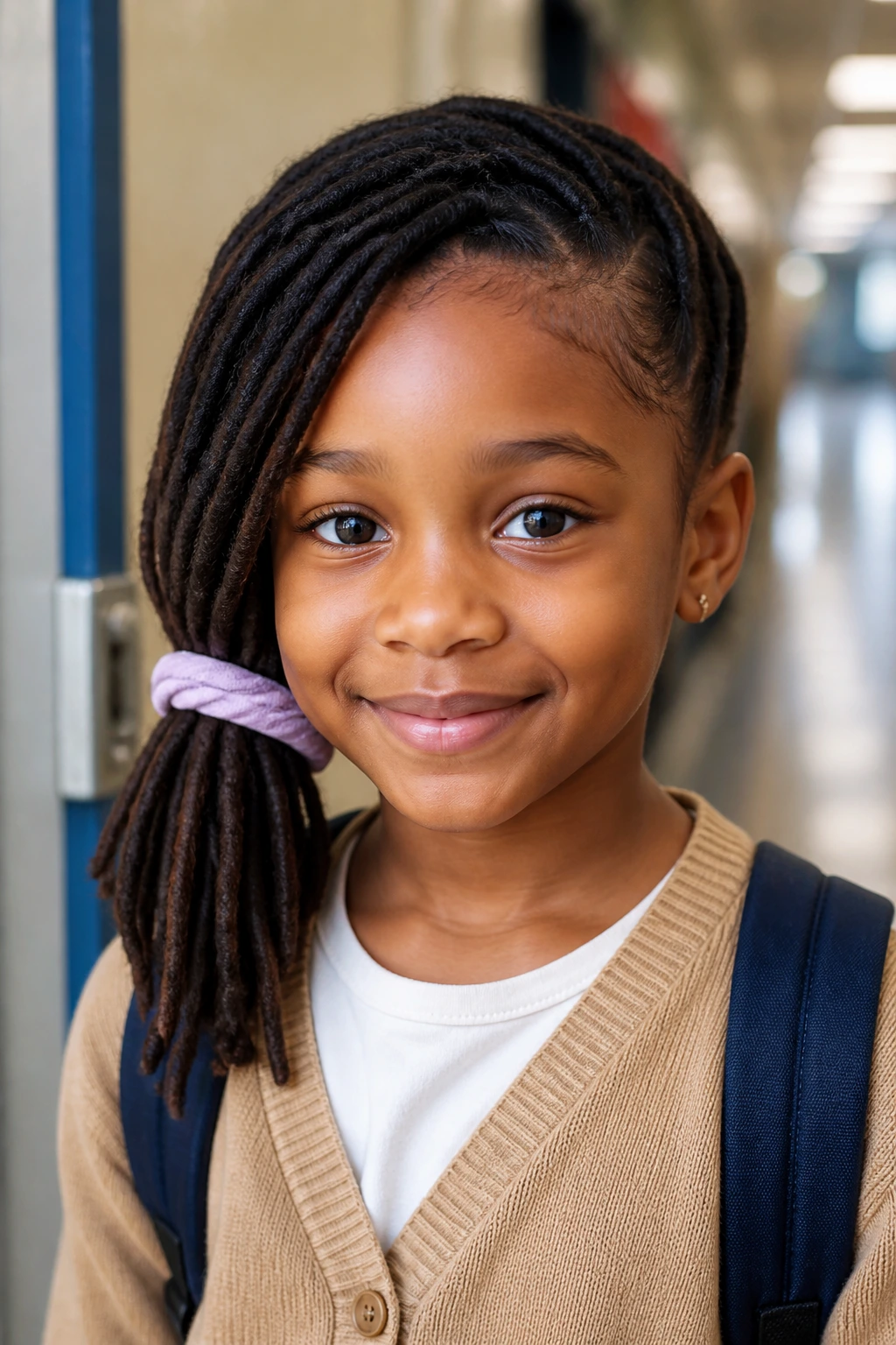Close-up of a child with school-ready side-sweep hairstyle