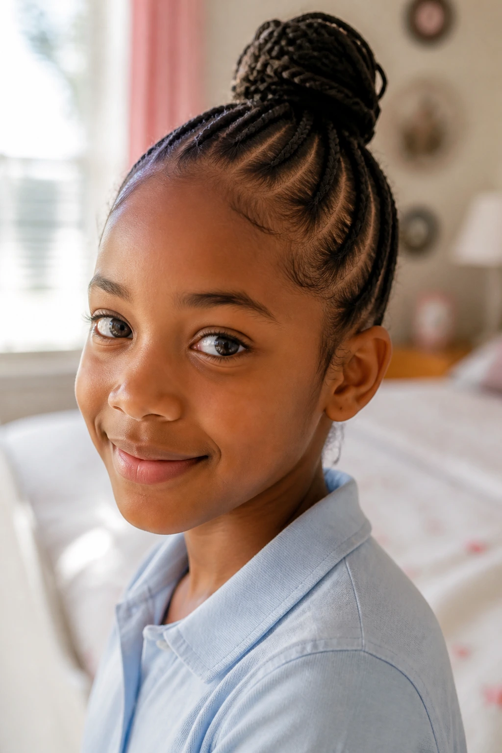 Close-up portrait of a child with a neat school hairstyle in warm light.