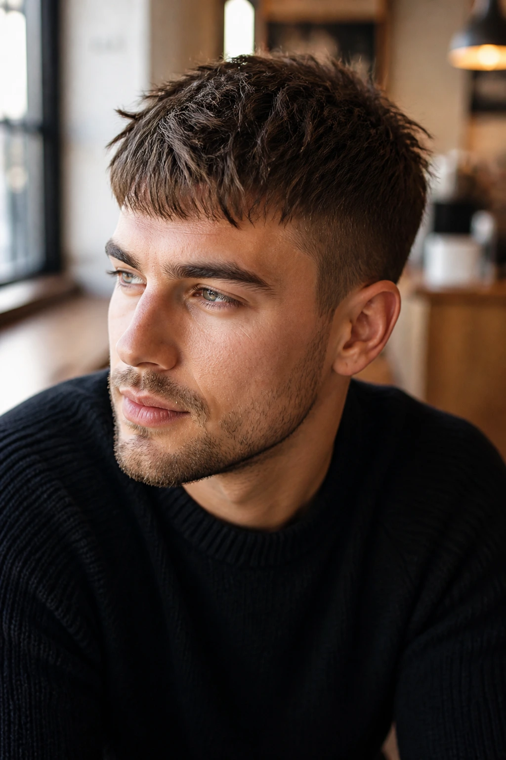 Close-up of man with scissor crop haircut in cafe