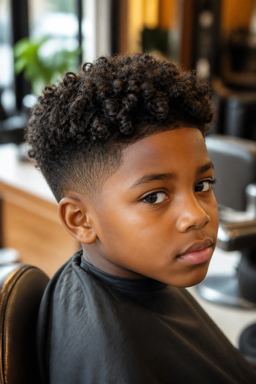 Close-up of a real Black boy with a scissor-cut coil top in a barber shop setting