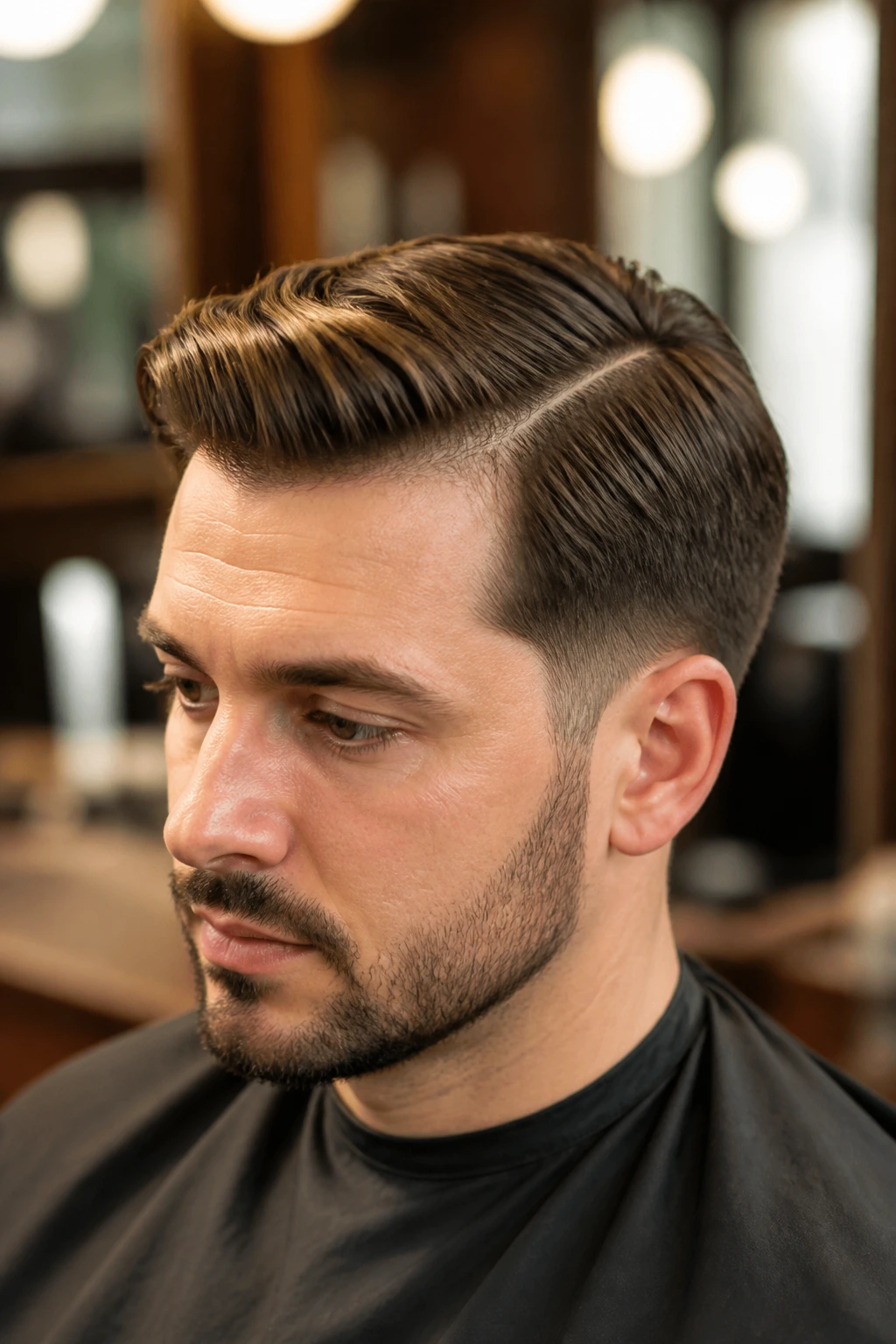 Close-up portrait of a man with a scissor-cut comb over in a barbershop
