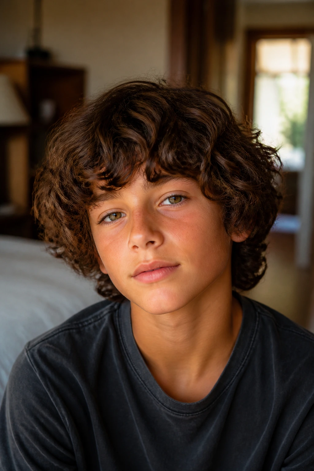 Boy with curly shag haircut in warm indoor setting