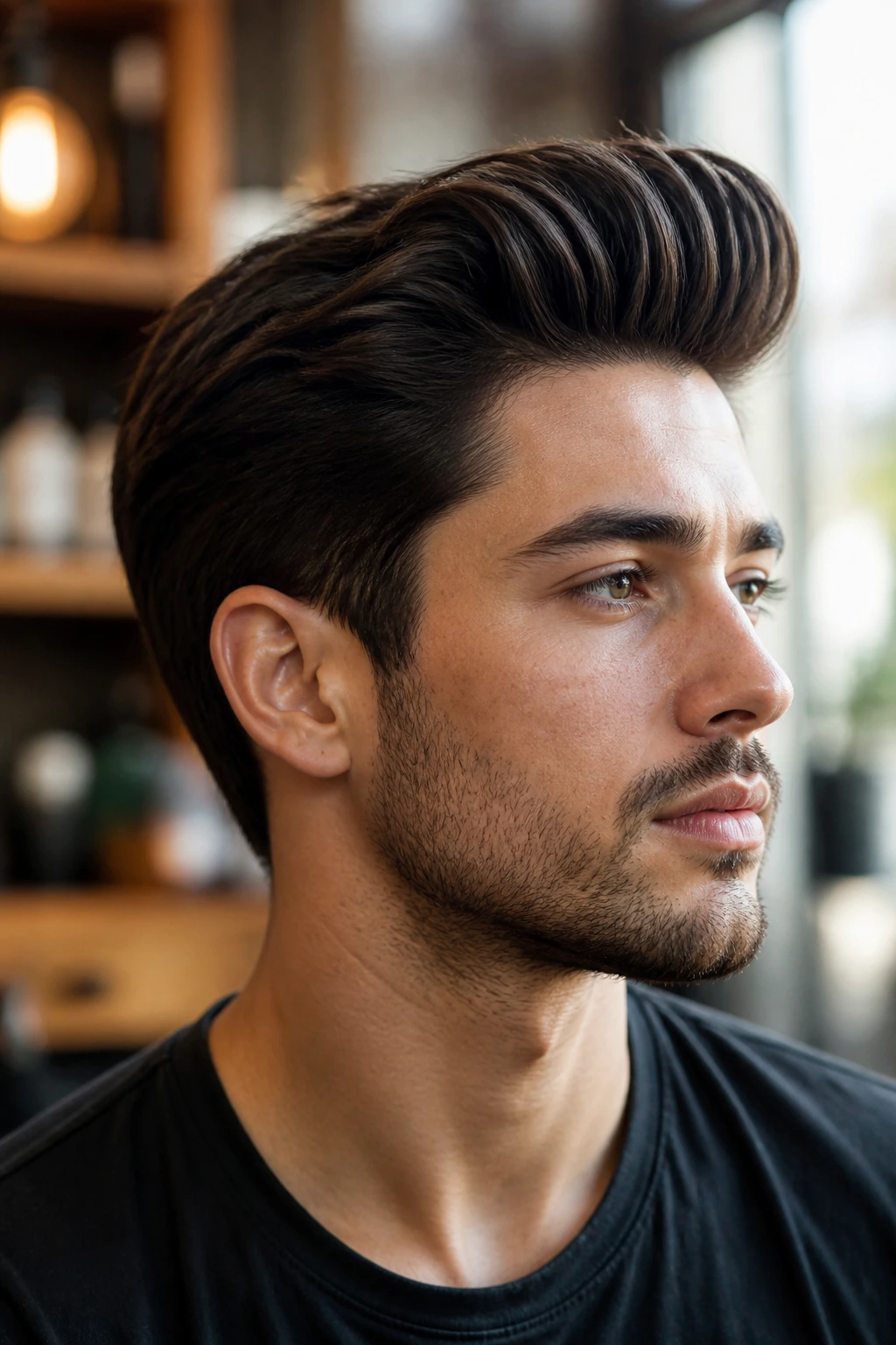 Close-up of man with Scissor-Cut Pomp hairstyle in warm interior