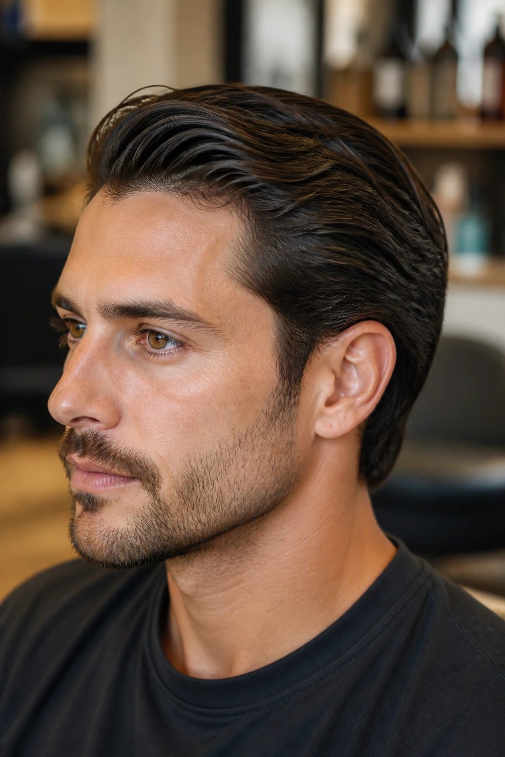 Close-up of a man with a soft, contoured slick back haircut.