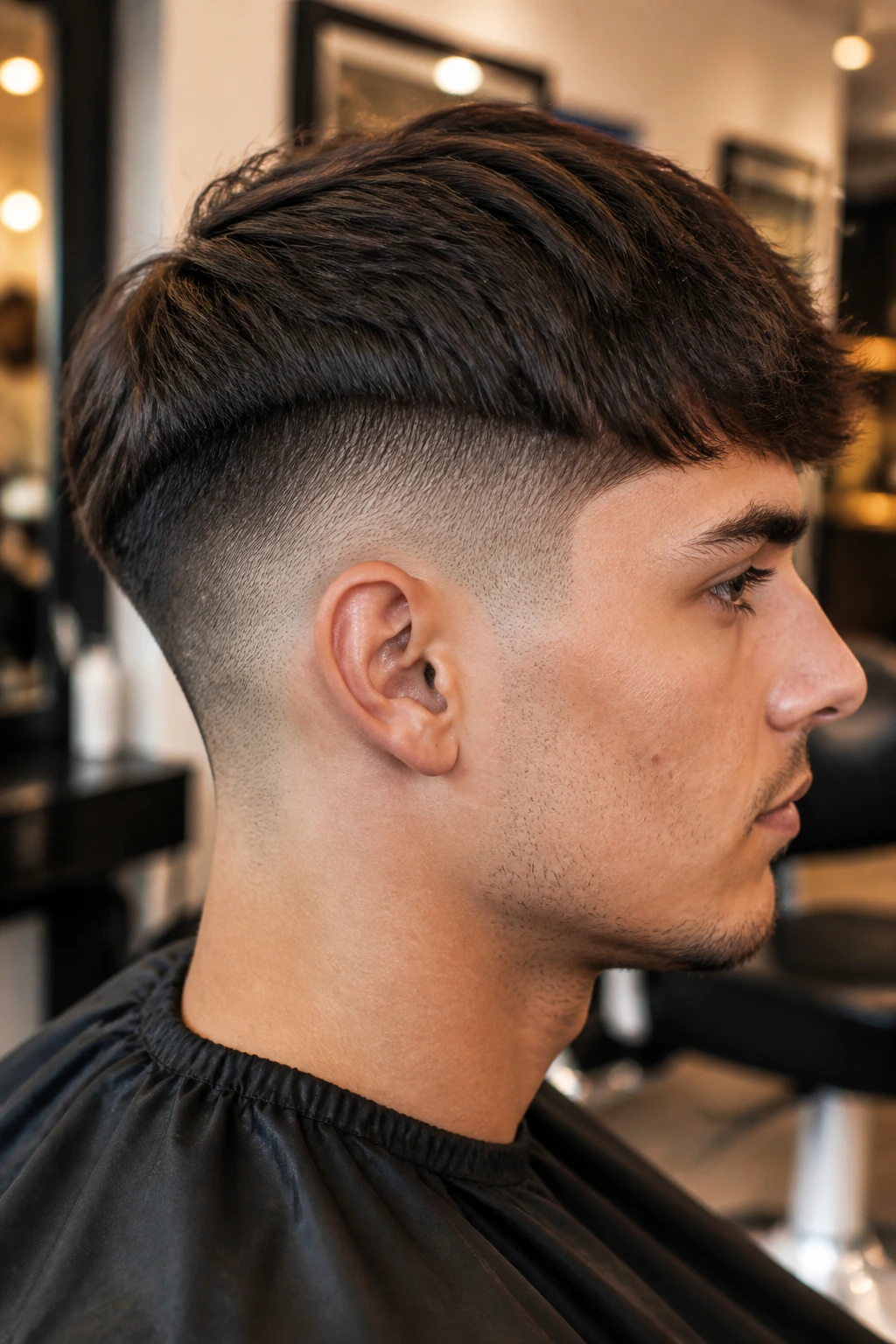 Side-profile of a real person with a scissor-soft fade undercut.