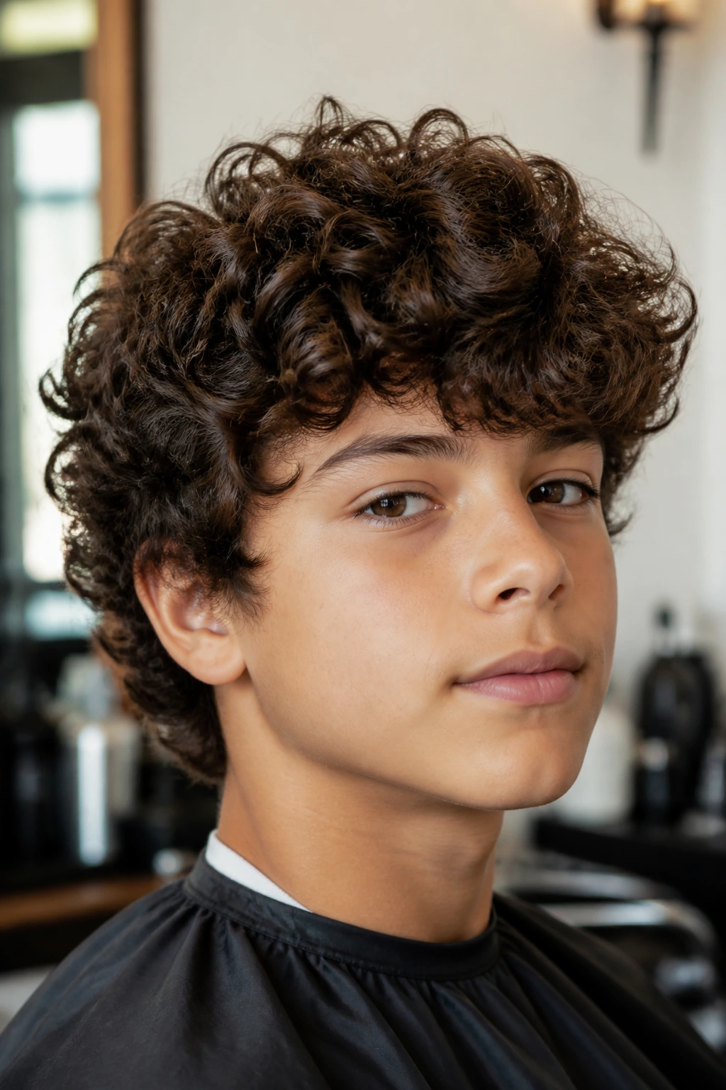 Close-up portrait of a schoolboy with all-scissor layered curly cut