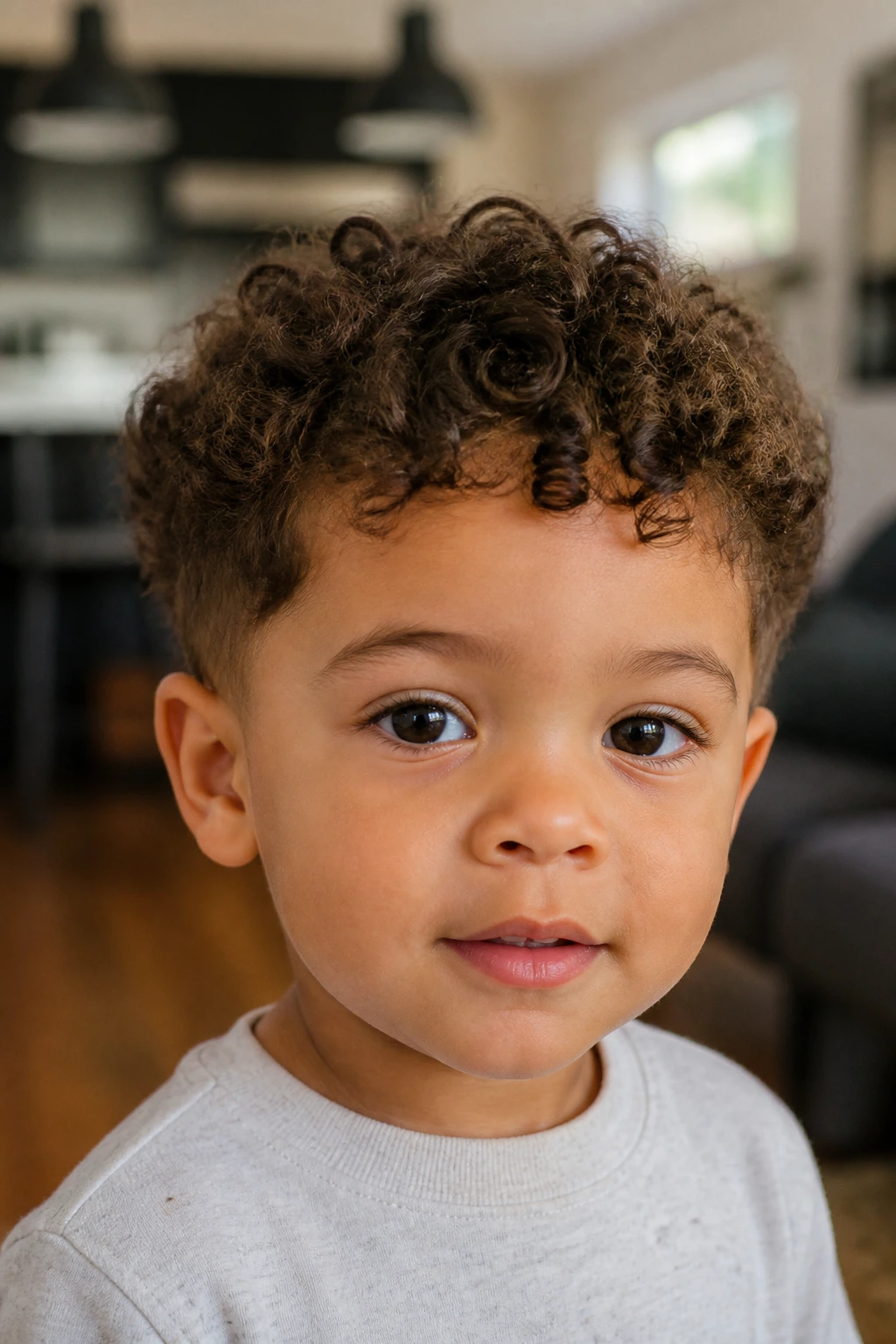 Close-up of a toddler with a scissor-only curly crop
