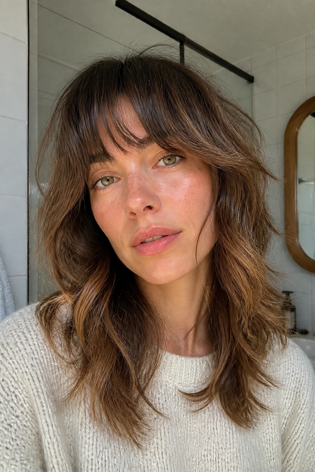 Close-up of a real woman with scissor-only shag and softer ends