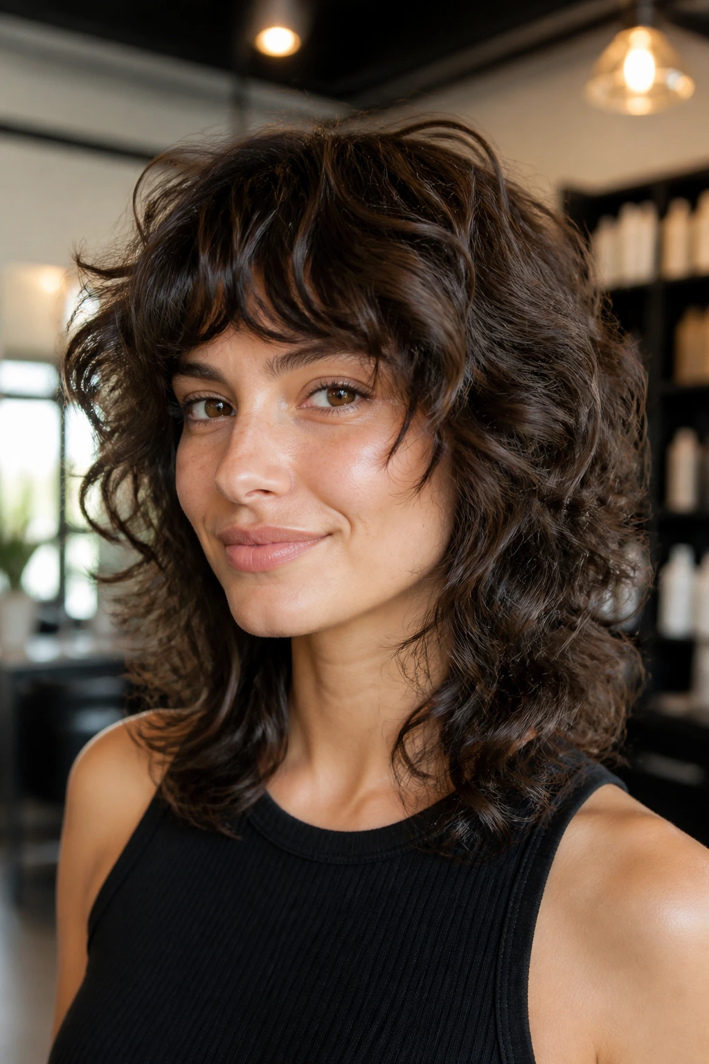 Close-up portrait of a real woman with scissor-only shag showing clean, defined ends