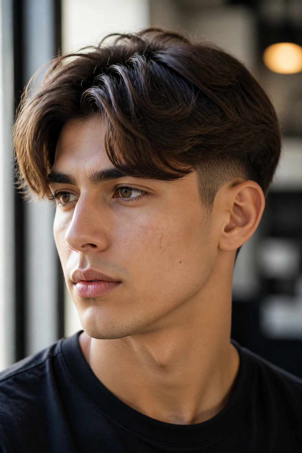 Close-up portrait of a person with scissor taper fade and soft center part