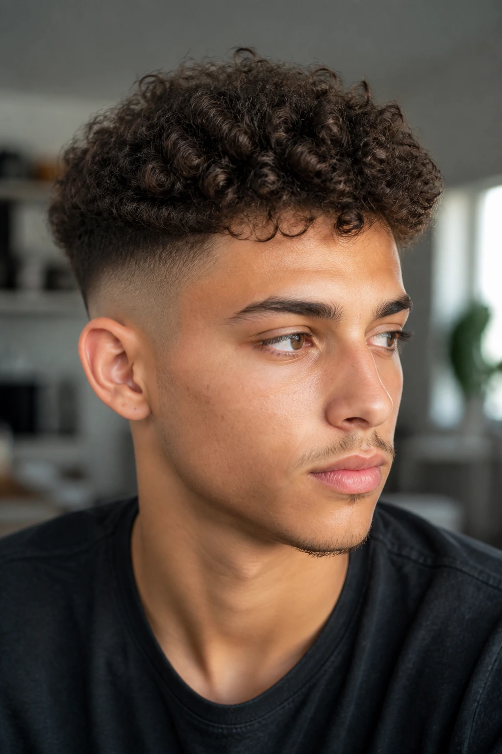 Close-up of Scissor-Top Curly Fade on a real person