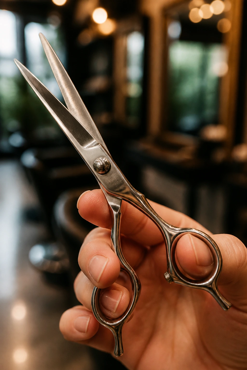 Close-up of haircutting scissors held in a hand